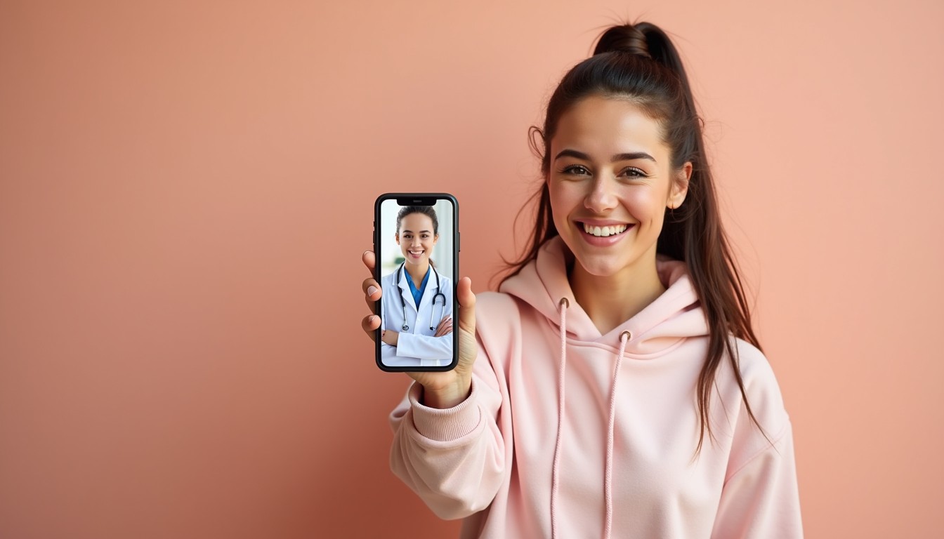 A New Zealand woman smiling happily while holding a smartphone displaying a clearly identifiable doctor on the screen