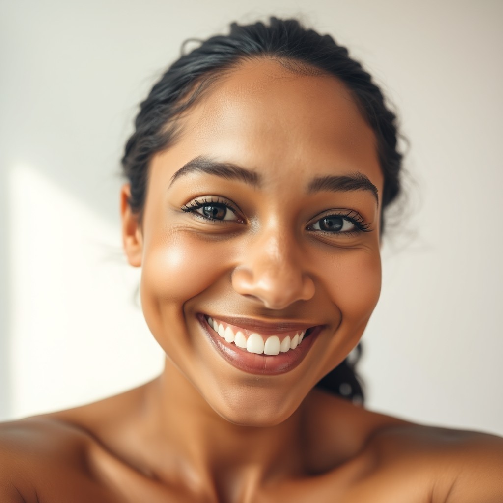 A self-portrait photo session featuring a confident person smiling at the camera, showcasing their facial features in a well-lit environment
