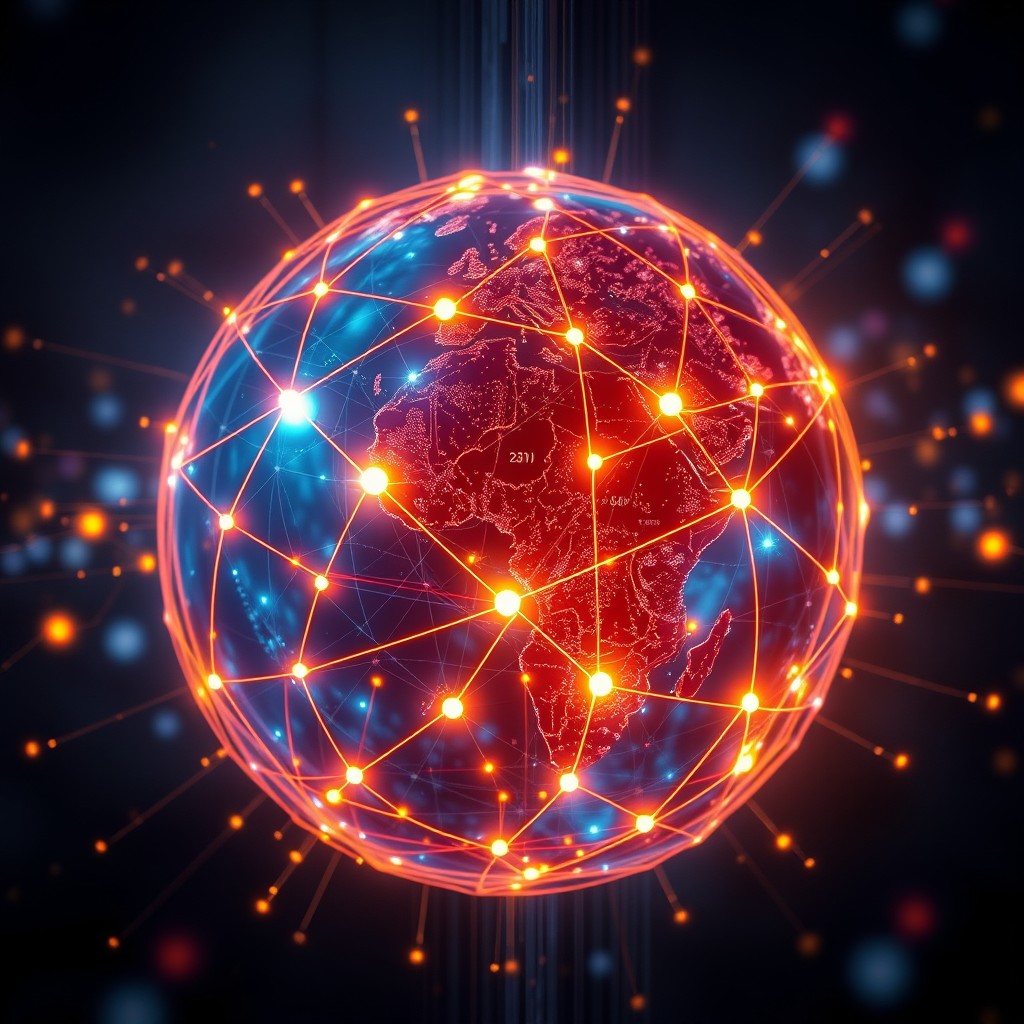 A futuristic, glowing sphere with interconnected lines and lights, resembling a digital globe in a cyberpunk style