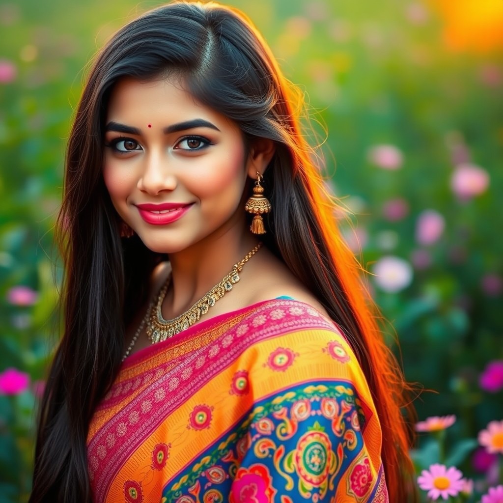 A beautiful Indian girl with long black hair, wearing a vibrant traditional saree with intricate patterns, vibrant colors, and embellishments