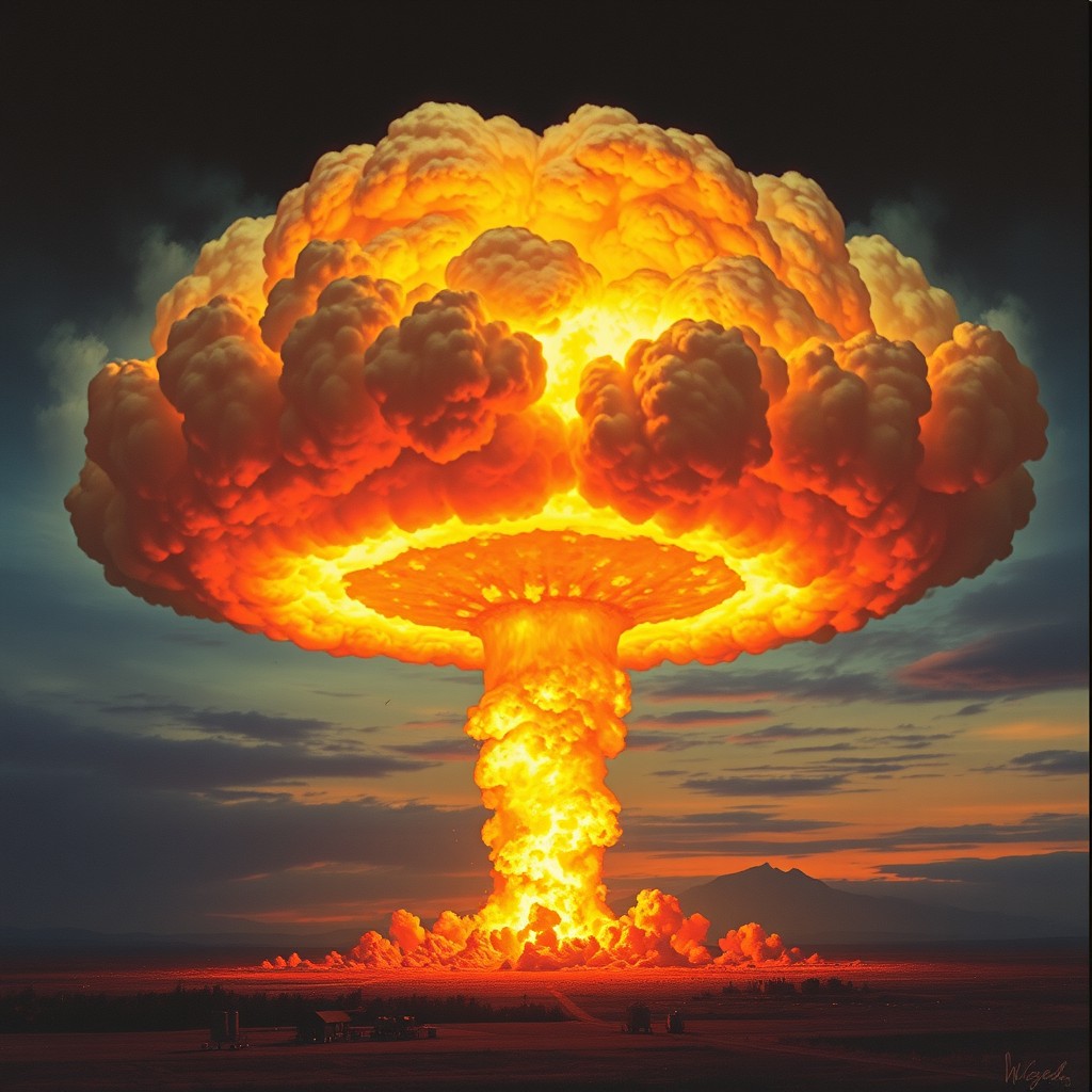 A dramatic depiction of an atomic explosion in the sky, with vibrant colors blending together, fiery orange and deep reds at the center, surrounded by swirling clouds of dark smoke