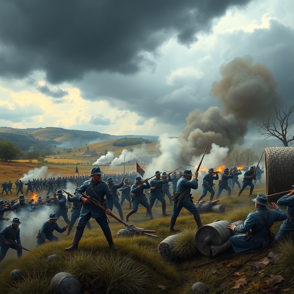 A dramatic battlefield scene depicting the American Civil War, showing soldiers in blue and gray uniforms clashing amidst smoke and chaos