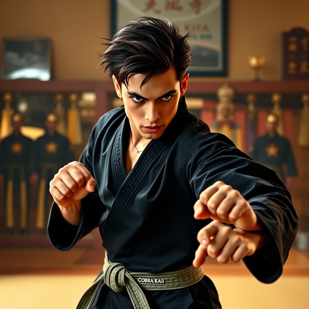 A dynamic and intense scene featuring Robby Keene from Cobra Kai, showcasing his iconic martial arts skills and athletic stance