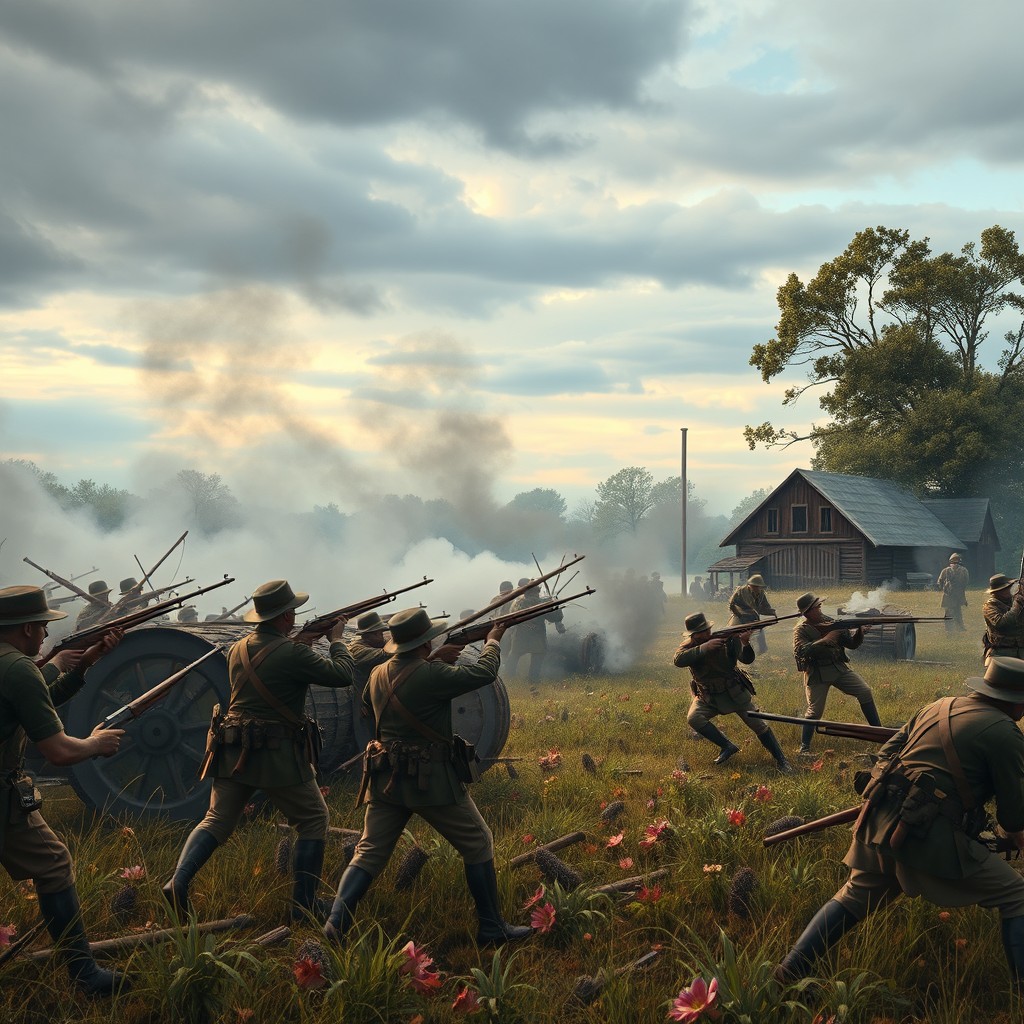 A dynamic battlefield scene depicting a Civil War confrontation, featuring soldiers in period-appropriate uniforms, with a backdrop of a vibrant, chaotic landscape