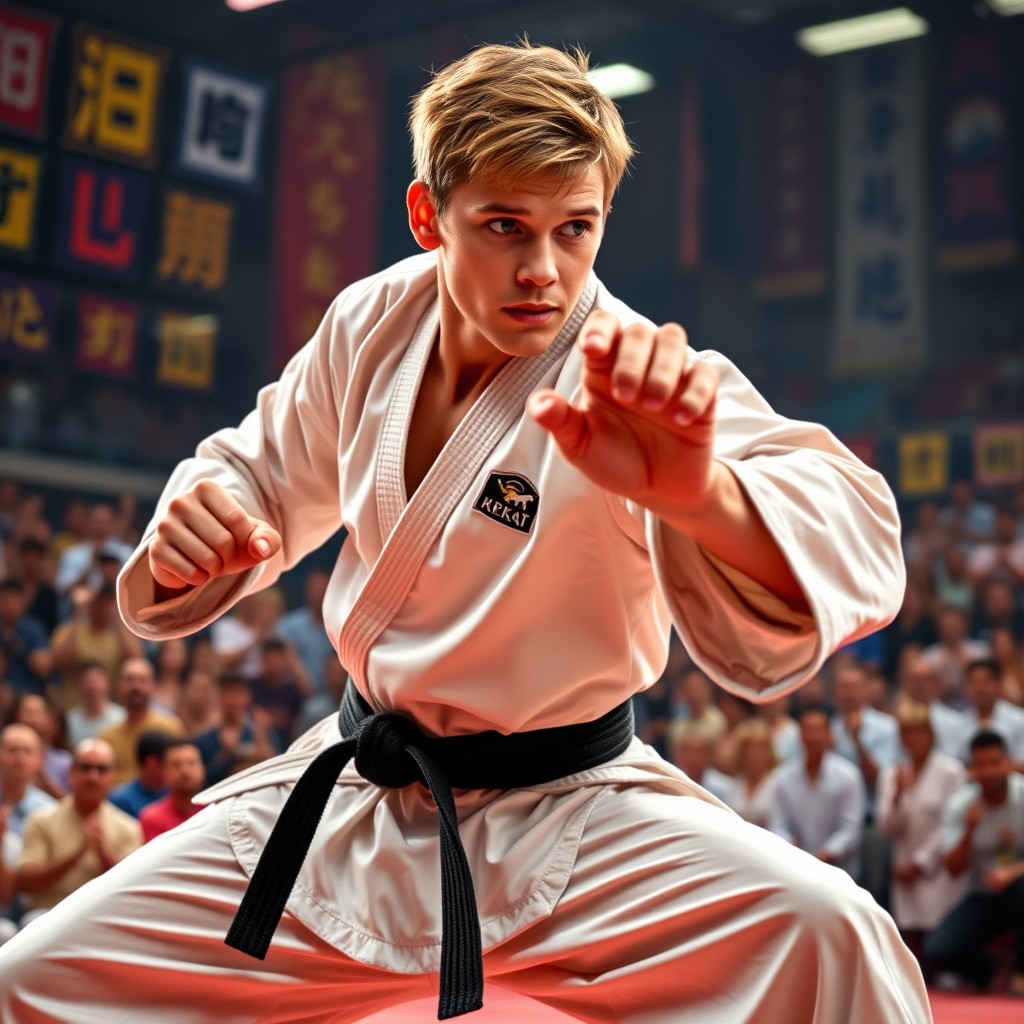 An action-packed scene featuring Robby Keene from Cobra Kai, showcasing him in the middle of a martial arts competition