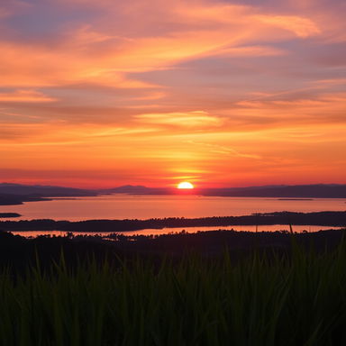 A breathtaking sunset over a serene landscape, featuring vibrant hues of orange, pink, and purple blending in the sky