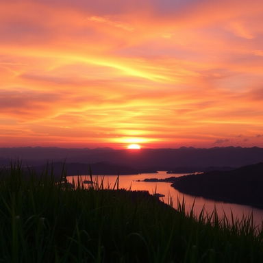 A breathtaking sunset over a serene landscape, featuring vibrant hues of orange, pink, and purple blending in the sky