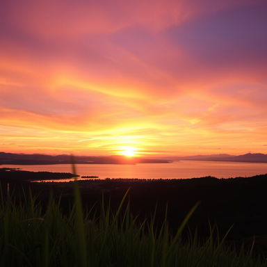 A breathtaking sunset over a serene landscape, featuring vibrant hues of orange, pink, and purple blending in the sky
