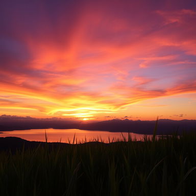 A breathtaking sunset over a serene landscape, featuring vibrant hues of orange, pink, and purple blending in the sky