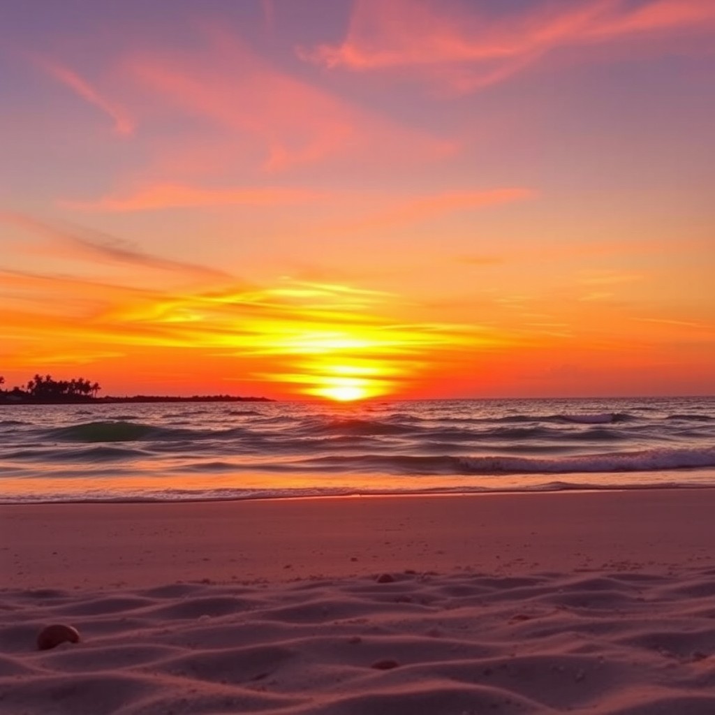 A breathtaking sunset over a tranquil beach, featuring vibrant hues of orange, pink, and purple blending in the sky