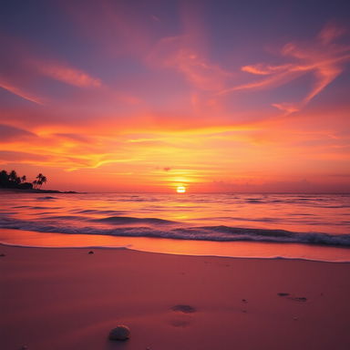 A breathtaking sunset over a tranquil beach, featuring vibrant hues of orange, pink, and purple blending in the sky