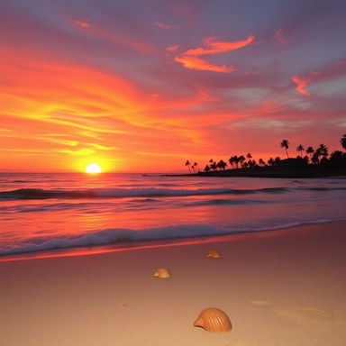 A breathtaking sunset over a tranquil beach, featuring vibrant hues of orange, pink, and purple blending in the sky