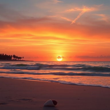 A breathtaking sunset over a tranquil beach, featuring vibrant hues of orange, pink, and purple blending in the sky