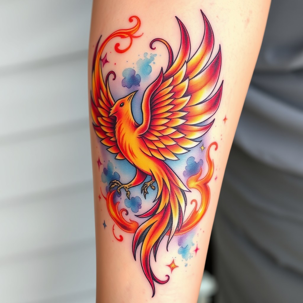 A beautifully intricate tattoo design featuring a large majestic phoenix rising from vibrant flames