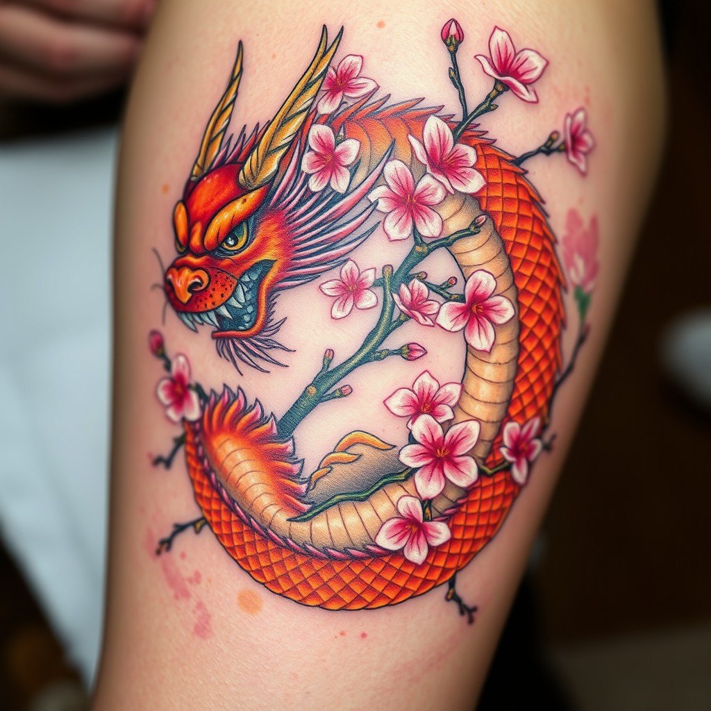 An intricately designed tattoo featuring a fierce dragon coiling around a cherry blossom tree, with vibrant colors blending from deep reds and oranges for the dragon to soft pinks for the flowers