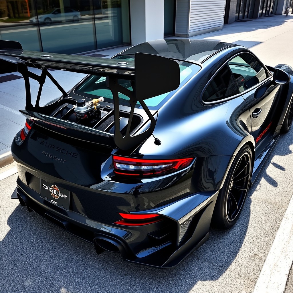 A sleek black Porsche 911 GT, modified with a Rocket Bunny body kit, features an aggressive design, showcasing a large rear wing, prominent front fenders, and a distinct racing aesthetic