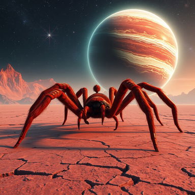 A massive, realistic giant red spider positioned on a crackled surface of a barren alien landscape, with a stunning planet looming majestically in the background