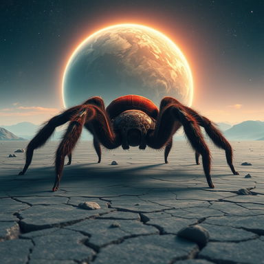 A massive, realistic giant red spider positioned on a crackled surface of a barren alien landscape, with a stunning planet looming majestically in the background