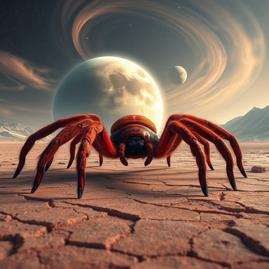 A massive, realistic giant red spider positioned on a crackled surface of a barren alien landscape, with a stunning planet looming majestically in the background