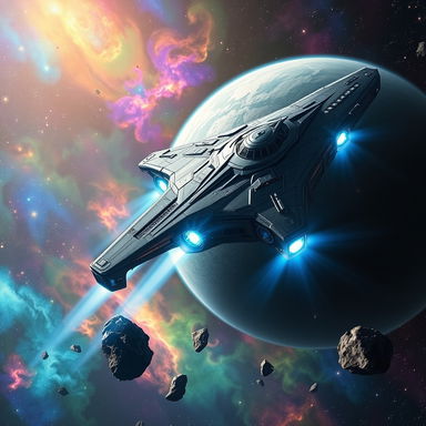 A giant, futuristic spaceship gracefully soaring through the cosmos, adorned with sleek metallic surfaces and intricate detailing, with a vibrant planet in the background