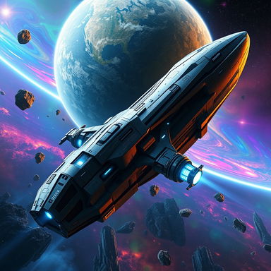 A giant, futuristic spaceship gracefully soaring through the cosmos, adorned with sleek metallic surfaces and intricate detailing, with a vibrant planet in the background