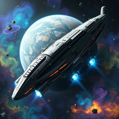 A giant, futuristic spaceship gracefully soaring through the cosmos, adorned with sleek metallic surfaces and intricate detailing, with a vibrant planet in the background