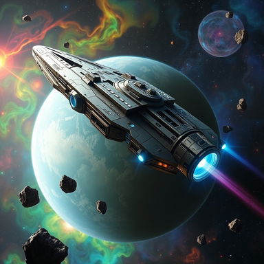A giant, futuristic spaceship gracefully soaring through the cosmos, adorned with sleek metallic surfaces and intricate detailing, with a vibrant planet in the background