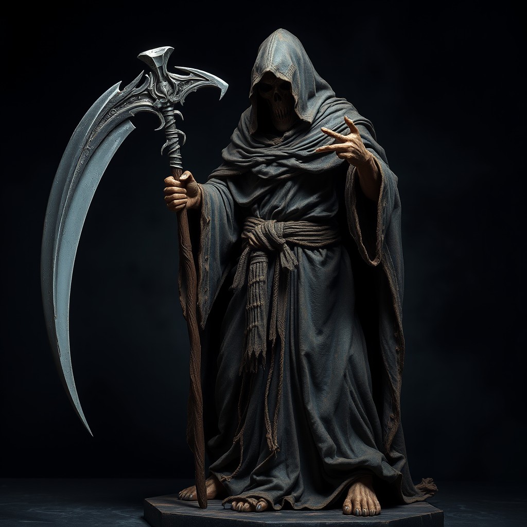 A fearsome representation of Death, poised for battle, holding a large and gleaming scythe