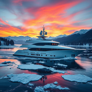 A stunning super yacht gracefully sailing through the icy blue waters of Scandinavia during winter
