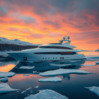 A stunning super yacht gracefully sailing through the icy blue waters of Scandinavia during winter