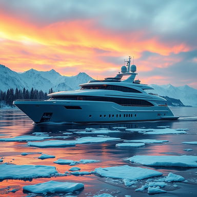 A stunning super yacht gracefully sailing through the icy blue waters of Scandinavia during winter