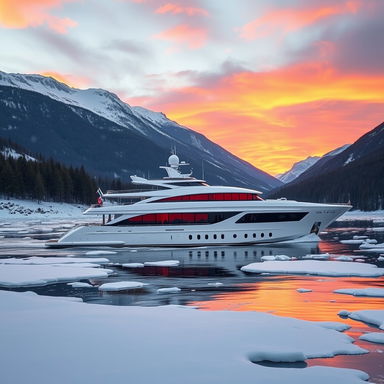 A stunning super yacht gracefully sailing through the icy blue waters of Scandinavia during winter