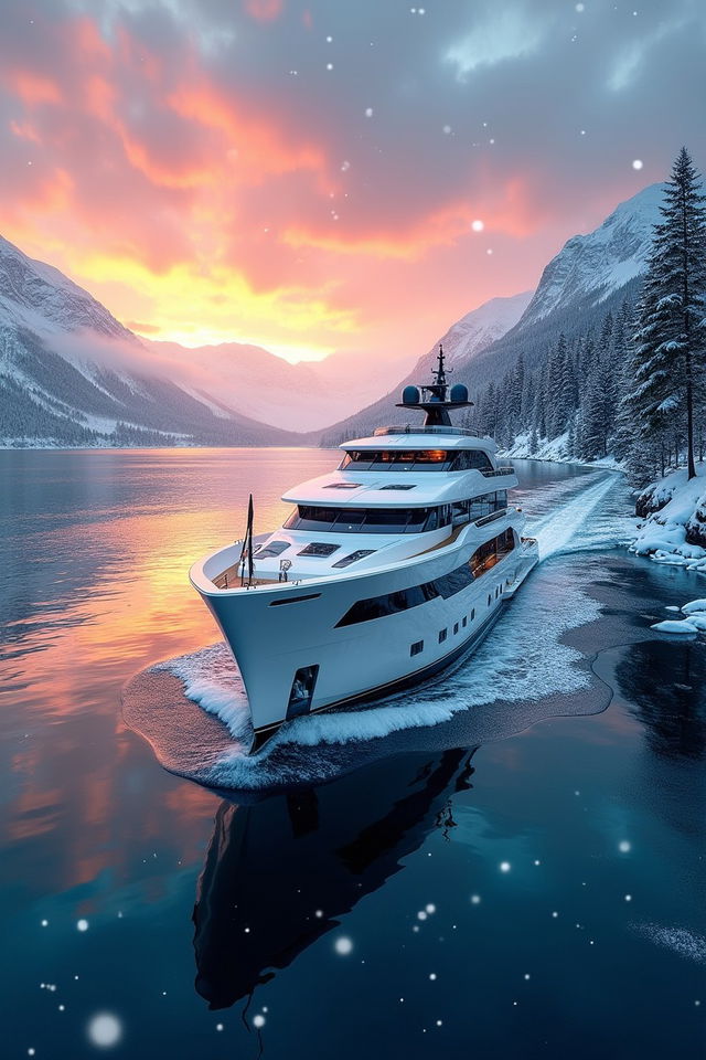 A captivating book cover featuring a stunning super yacht gracefully sailing through the icy blue waters of Scandinavia during winter