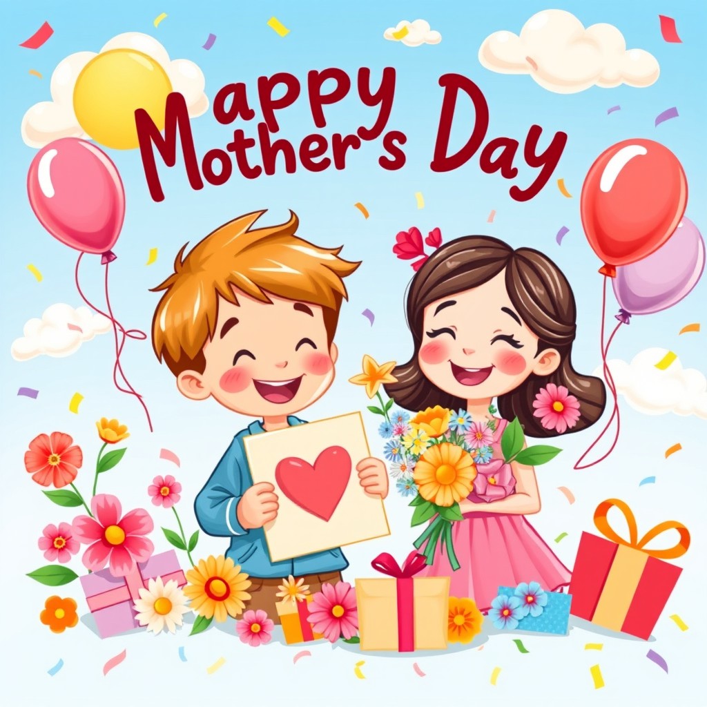 A vibrant and joyful illustration for a Mother's Day cover, featuring two adorable cartoon characters: one is a cheerful boy and the other is a delightful girl