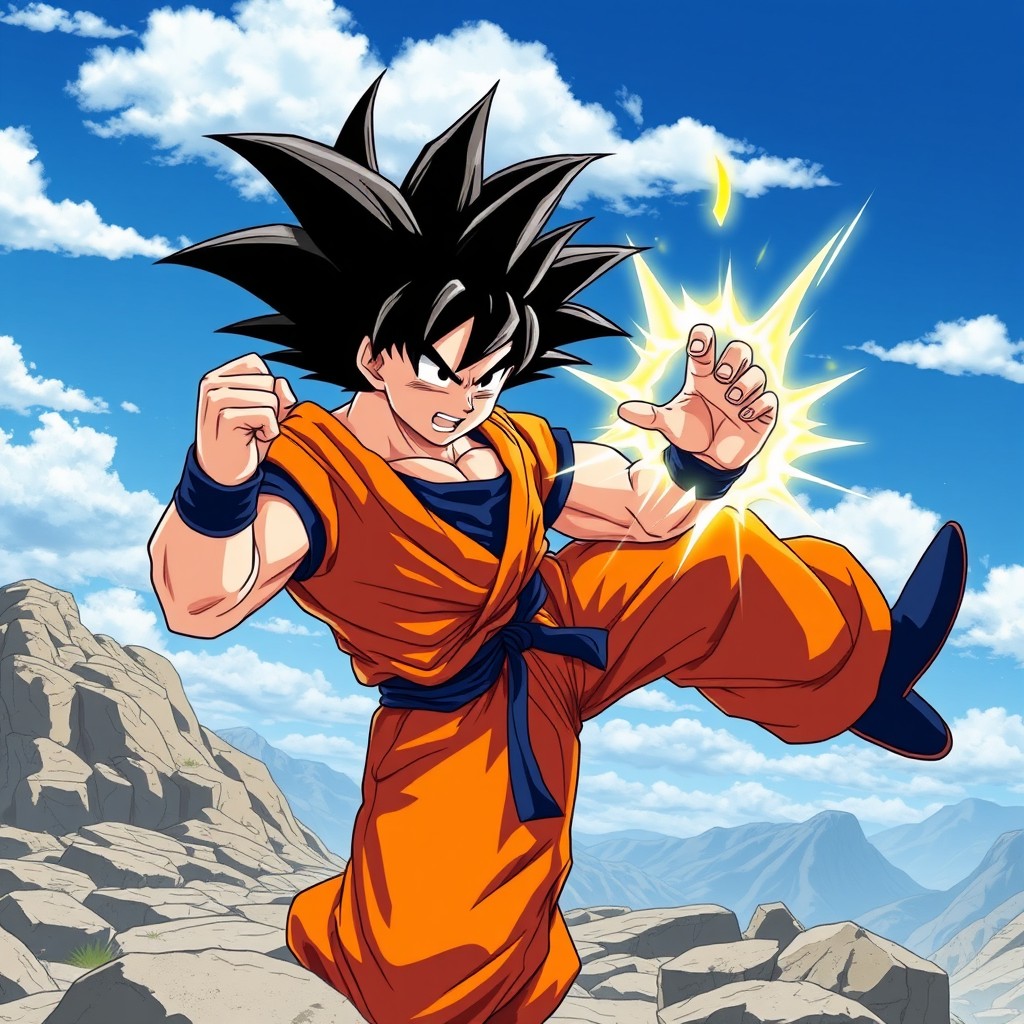 A dynamic and powerful depiction of Goku from Dragon Ball, showcasing his iconic spiky black hair and orange gi