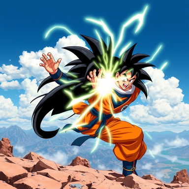 A dynamic and powerful depiction of Goku from Dragon Ball, showcasing his iconic spiky black hair and orange gi