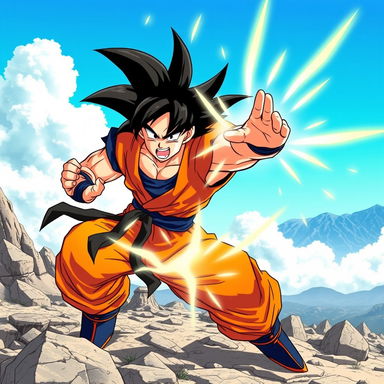 A dynamic and powerful depiction of Goku from Dragon Ball, showcasing his iconic spiky black hair and orange gi