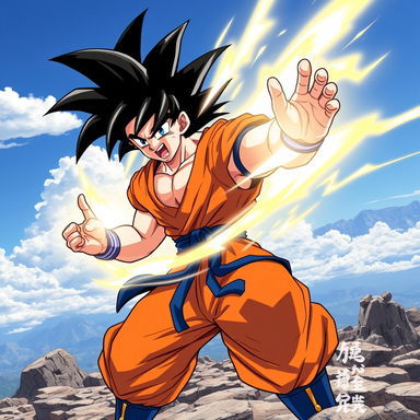 A dynamic and powerful depiction of Goku from Dragon Ball, showcasing his iconic spiky black hair and orange gi