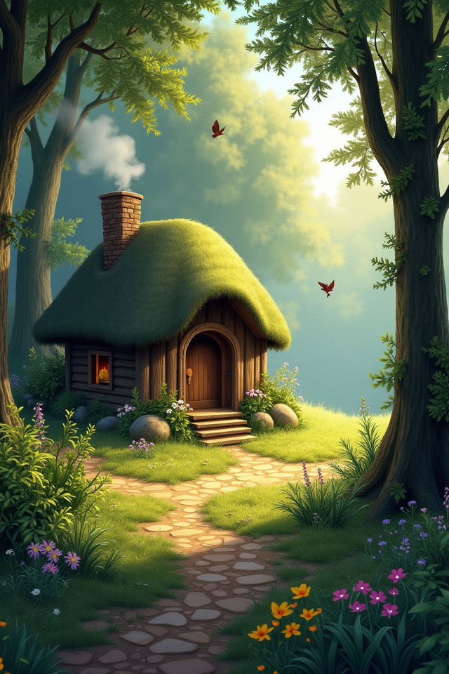 A charming wooden hut nestled in a serene forest, surrounded by tall trees and lush greenery