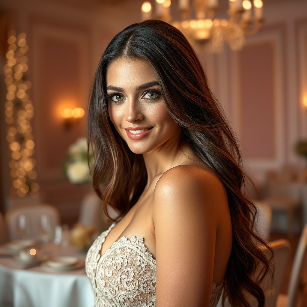 A stunning brunette beauty with long, flowing hair, striking green eyes, and a captivating smile