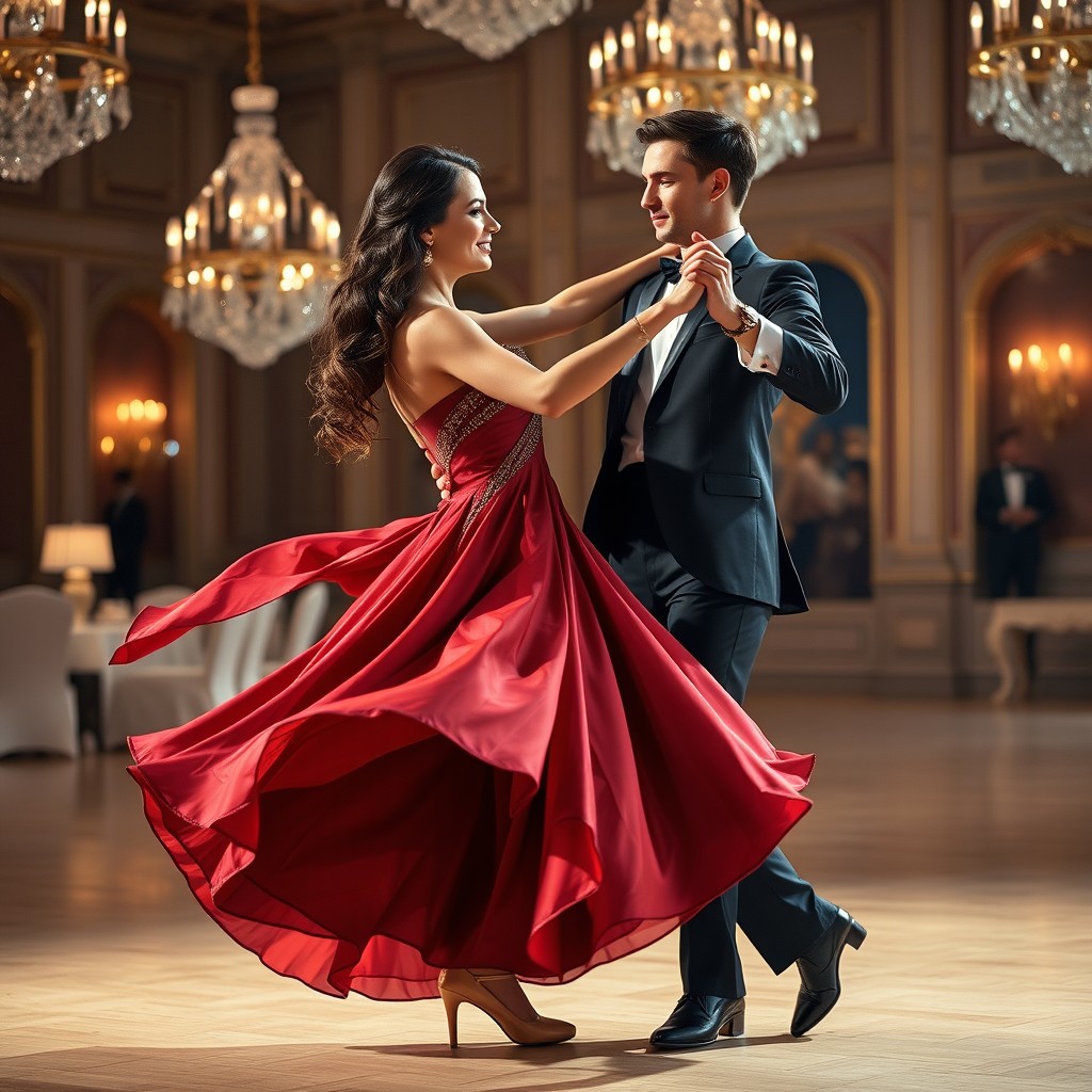 A beautiful brunette woman gracefully ballroom dancing in an elegant setting