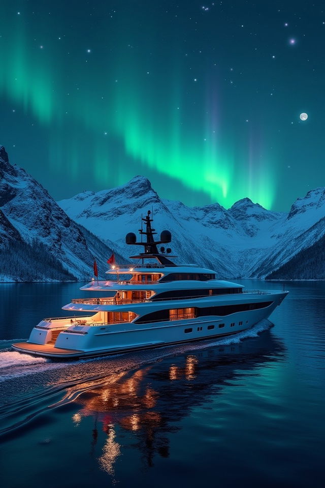 A luxurious super yacht gliding through the tranquil waters of Scandinavia at night during winter
