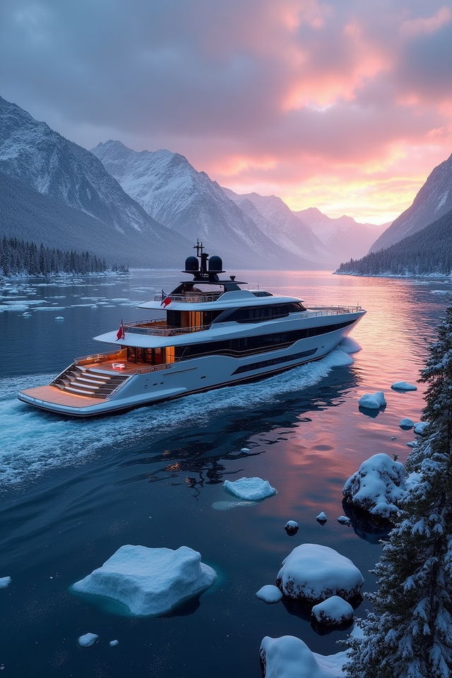 An elegant super yacht navigating through the frosty blue waters of Scandinavia during a picturesque winter