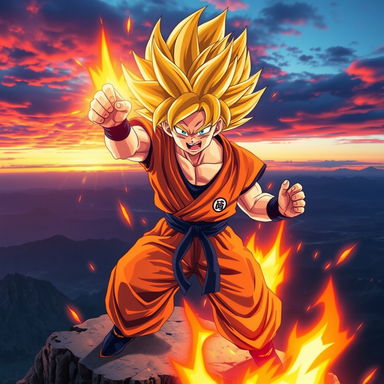 A powerful depiction of Goku in his Super Saiyan form, showcasing his golden spiky hair glowing with energy, his fierce expression filled with determination