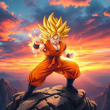A powerful depiction of Goku in his Super Saiyan form, showcasing his golden spiky hair glowing with energy, his fierce expression filled with determination