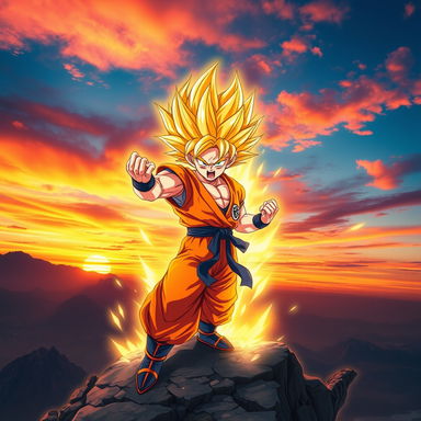 A powerful depiction of Goku in his Super Saiyan form, showcasing his golden spiky hair glowing with energy, his fierce expression filled with determination