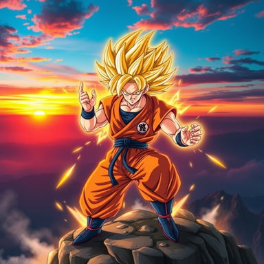 A powerful depiction of Goku in his Super Saiyan form, showcasing his golden spiky hair glowing with energy, his fierce expression filled with determination