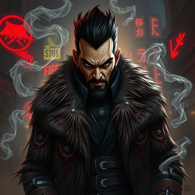 A dynamic 2D illustration of Donny Deals, a menacing and charismatic crime lord in a dystopian hive city setting