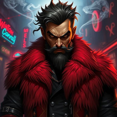 A dynamic 2D illustration of Donny Deals, a menacing and charismatic crime lord in a dystopian hive city setting