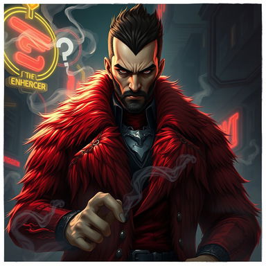 A dynamic 2D illustration of Donny Deals, a menacing and charismatic crime lord in a dystopian hive city setting